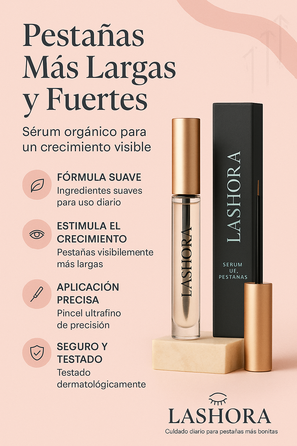 Beneficios de Lashora - fórmula suave, estimula el crecimiento, aplicación precisa, seguro y testado