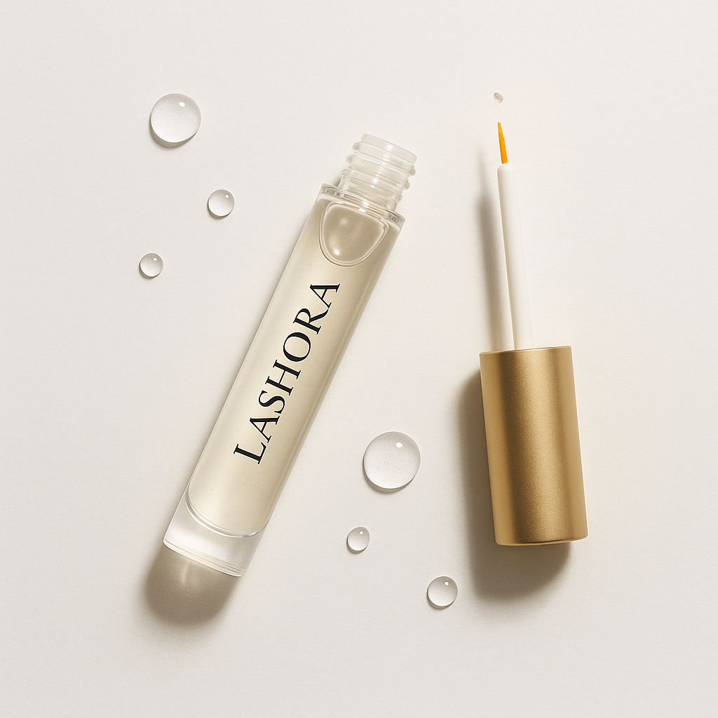 Lashora sérum en flat lay con gotas de agua